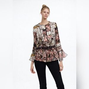 NWT Zara Size S Floral Flowy Ruffled Blouse